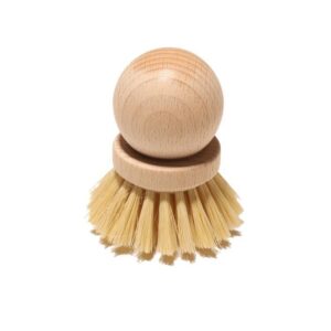 Two round beech wood dish brushes with natural bristles—one darker sisal blend and one light palm fiber—shown on a white background.