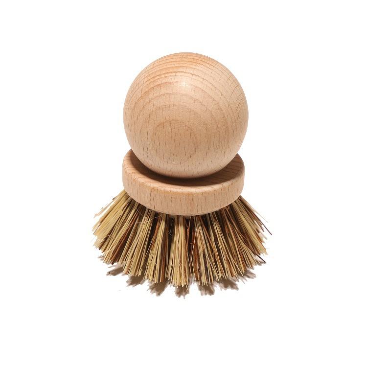 Two round beech wood dish brushes with natural bristles—one darker sisal blend and one light palm fiber—shown on a white background.