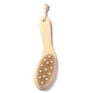 A bamboo brush with boar bristles and rubber tips, designed for exfoliating and massaging the body.