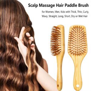 JEYGO Anti-Tangle Hair Brush, featuring a bamboo wooden handle and anti-tangle design, perfect for scalp massage and detangling.