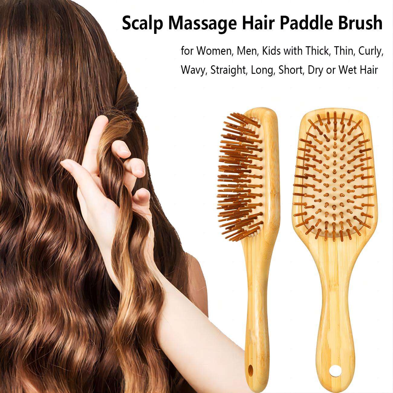 JEYGO Anti-Tangle Hair Brush, featuring a bamboo wooden handle and anti-tangle design, perfect for scalp massage and detangling.