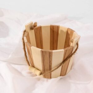 Bamboo bath set with wooden tub, bath tools, sponge, pumice stone, and brush made from non toxic body care materials.