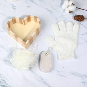 Bamboo bath set in a wooden box with bath sponge, bath brush, and foot care pumice stone for everyday use.