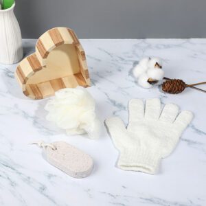 Bamboo bath set in a wooden box with bath sponge, bath brush, and foot care pumice stone for everyday use.