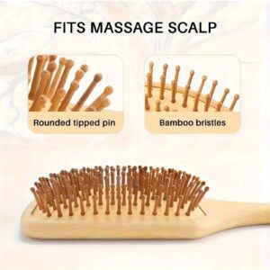Bamboo comb and wood hairbrush with smooth wooden pins, designed for gentle detangling and dry hair care.