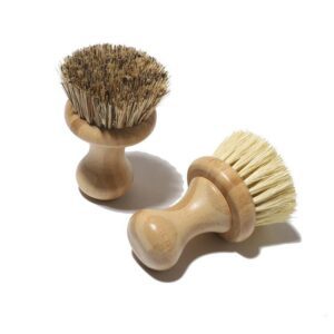 Sustainable bamboo dish brush set with sisal and palm fiber bristles, eco-friendly kitchen scrub brush.