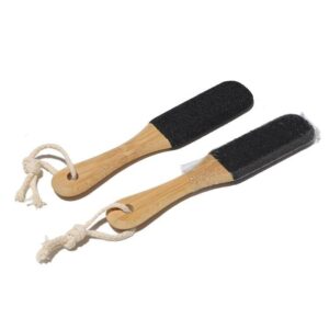 Bamboo foot file with abrasive surface, designed as a dead skin remover and foot pumice for daily foot care.