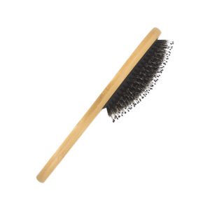 Bamboo hair brush with boar bristles and cushioned base, designed for scalp massage and daily hair care use.