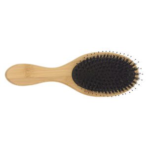Bamboo hair brush with boar bristles and cushioned base, designed for scalp massage and daily hair care use.