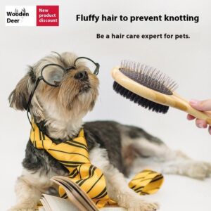 Double sided pin brush for dogs with bamboo handle, featuring stainless steel pins on one side and soft bristles on the other