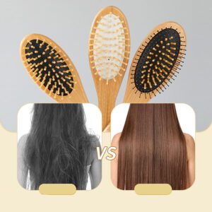 Bamboo paddle hair brush with rubber cushion and wooden handle for gentle scalp massage.