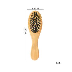 Bamboo paddle hair brush with rubber cushion and wooden handle for gentle scalp massage.