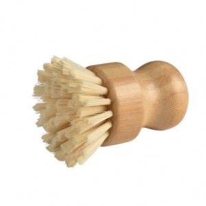 Bamboo-handled round scrub brush with sisal bristles shown on a white background