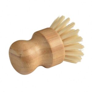Bamboo-handled round scrub brush with sisal bristles shown on a white background
