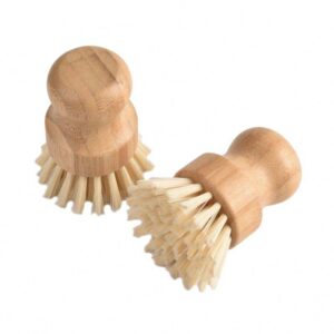 Bamboo-handled round scrub brush with sisal bristles shown on a white background