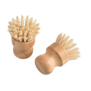 Bamboo-handled round scrub brush with sisal bristles shown on a white background