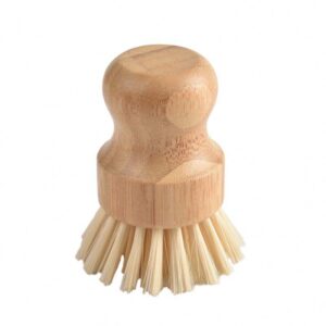Bamboo-handled round scrub brush with sisal bristles shown on a white background