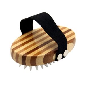 Bamboo pet bath brush with nylon and stainless steel bristles for efficient hair removal and gentle cleaning.