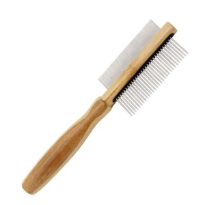 Bamboo pet grooming brush with stainless steel flea comb for removing fleas and tangles from pet hair.