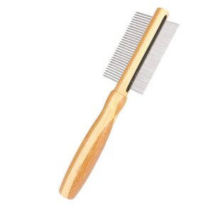 Bamboo pet grooming brush with stainless steel flea comb for removing fleas and tangles from pet hair.