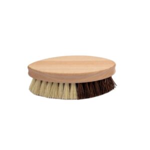 Two oval bamboo kitchen scrub brushes with natural sisal and dark palm fiber bristles, handheld dish cleaning brush set on white background.