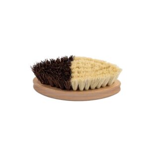 Two oval bamboo kitchen scrub brushes with natural sisal and dark palm fiber bristles, handheld dish cleaning brush set on white background.