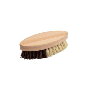 Two oval bamboo kitchen scrub brushes with natural sisal and dark palm fiber bristles, handheld dish cleaning brush set on white background.