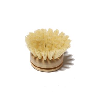 Round bamboo dish brush head with natural sisal bristles photographed on a clean white background