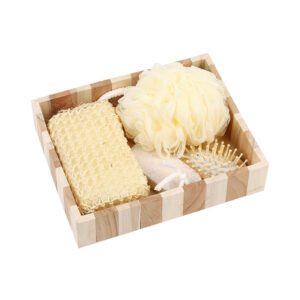 Wooden bath gift set containing natural sisal sponge, exfoliating gloves, and foot care products in a stylish wooden box.