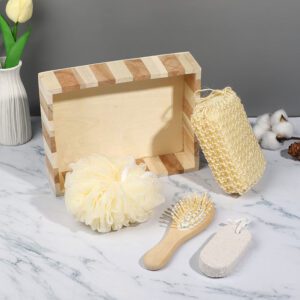 Wooden bath gift set containing natural sisal sponge, exfoliating gloves, and foot care products in a stylish wooden box.