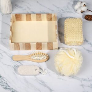 Wooden bath gift set containing natural sisal sponge, exfoliating gloves, and foot care products in a stylish wooden box.