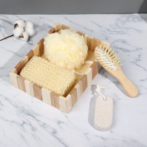Wooden bath gift set containing natural sisal sponge, exfoliating gloves, and foot care products in a stylish wooden box.