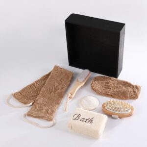 Exfoliating body care bath set with jute gloves, loofah sheet, pumice brush, and natural bath accessories in a wooden gift box.