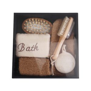 Exfoliating body care bath set with jute gloves, loofah sheet, pumice brush, and natural bath accessories in a wooden gift box.
