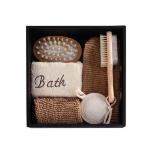 Exfoliating body care bath set with jute gloves, loofah sheet, pumice brush, and natural bath accessories in a wooden gift box.