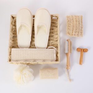 Luxury bath tool gift set displayed in a woven basket with body washing tools, slippers, sponge, brush, pumice stone, and massage accessories.