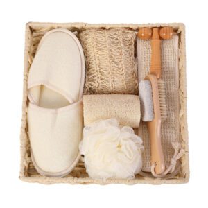 Luxury bath tool gift set displayed in a woven basket with body washing tools, slippers, sponge, brush, pumice stone, and massage accessories.
