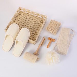 Luxury bath tool gift set displayed in a woven basket with body washing tools, slippers, sponge, brush, pumice stone, and massage accessories.