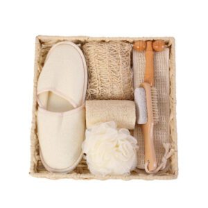 Luxury bath tool gift set displayed in a woven basket with body washing tools, slippers, sponge, brush, pumice stone, and massage accessories.