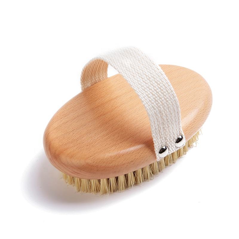A body brush made of beech wood with boar bristles and a cotton strap, designed for skin exfoliation and dry brushing.
