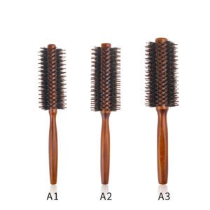Three round hair brush sizes with wooden handles and boar bristle round brush + nylon pins for blow-dry styling.