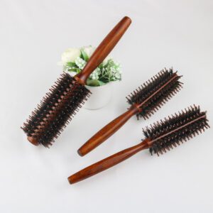 Three round hair brush sizes with wooden handles and boar bristle round brush + nylon pins for blow-dry styling.