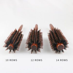 Three round hair brush sizes with wooden handles and boar bristle round brush + nylon pins for blow-dry styling.