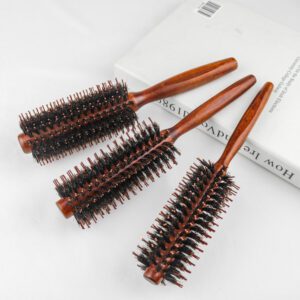 Three round hair brush sizes with wooden handles and boar bristle round brush + nylon pins for blow-dry styling.