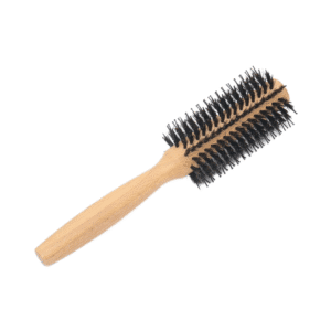 Wooden round hairbrush with boar bristles, lightweight handle, designed as a round hairbrush for styling and volume.