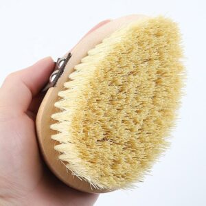 A high-quality boar bristle brush with a wooden handle, designed for effective exfoliation and skin rejuvenation.