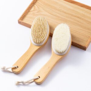 A natural wood brush with soft bristles, designed for gentle exfoliation and improving skin health.
