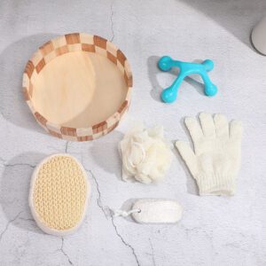 Body gift set displayed in a wooden bowl with exfoliating bath gloves, natural loofah, foot care pumice stone, and a trigger point massage tool.