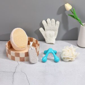 Body gift set displayed in a wooden bowl with exfoliating bath gloves, natural loofah, foot care pumice stone, and a trigger point massage tool.