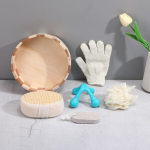Body gift set displayed in a wooden bowl with exfoliating bath gloves, natural loofah, foot care pumice stone, and a trigger point massage tool.